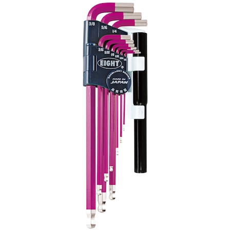 Eight Tool TAPER HEAD HEX KEY L-HANDLE EXTRA LONG SET, 9PC 1/16-3/8INCH PRPL W/EXTENSION PIPES TEL-S9NPPU